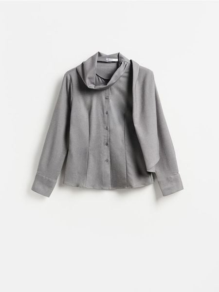 Koszula z szalem - ciemnoszary. Szare koszule damskie Reserved, l, bez wzorów, z tkaniny, bez kołnierzyka, bez ramiączek. W wyprzedaży za 69.99 zł.