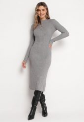 Szara Sweterkowa Sukienka Midi z Wełną i Rozkloszowanym Dołem Izorine. Szare sukienki damskie Born2be, s, bez wzorów, z dzianiny, bez kołnierzyka, bez ramiączek, midi, rozkloszowane. Za 74.99 zł.