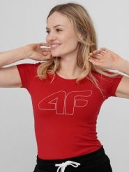 4f Koszulka damska H4L22-TSD353 Czerwony r. S. Czerwone t-shirty damskie 4f, l, bez wzorów, bez kołnierzyka. Za 40.60 zł.