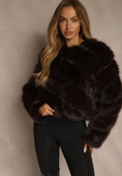 Brązowa Futrzana Kurtka o Krótkim Kroju Zapinana na Haftki Alorith. Brązowe kurtki damskie Renee, bez wzorów, z futra, bez kaptura. Za 299.99 zł.