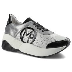 Sneakersy damskie Massimo Poli, ze skórzaną cholewką o tłoczonej fakturze wiązaniem na oczka metalową ozdobą i masywną elastyczną podeszwą, srebrno-c. Czarne półbuty damskie Massimo POLI, z aplikacjami, eleganckie, bez obcasa, bez zapięcia. Za 264.00 zł.