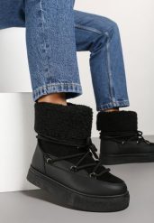 Czarne Śniegowce Futerkowe na Platformie ze Sznurowaną Cholewką Izalithia. Czarne śniegowce i trapery damskie Renee, z futra. Za 99.99 zł.