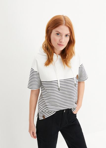 Bluza z kapturem i krótkim rękawem z czystej bawełny organicznej. Białe bluzy damskie bonprix, bez wzorów, z bawełny, z kapturem. Za 99.99 zł.