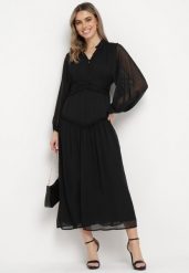 Czarna Długa Sukienka Koktajlowa w Stylu Retro z Plisami i Stójką Leowia. Czarne sukienki damskie Born2be, l, bez wzorów, retro, bez kołnierzyka, bez ramiączek, maxi. Za 159.99 zł.
