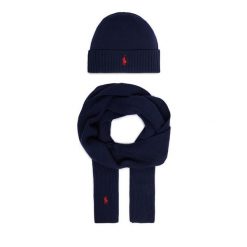 Zestaw szalik i czapka Polo Ralph Lauren. Niebieskie szaliki i chusty damskie Polo Ralph Lauren, na zimę, bez wzorów. Za 859.99 zł.