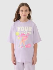 4F T-shirt oversize z nadrukiem dziewczęcy - fioletowy 134 (8-9 lat). Fioletowe t-shirty i topy dla dziewczynek 4f, bez wzorów, z bawełny, bez ramiączek. W wyprzedaży za 19.99 zł.