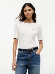 Tommy Hilfiger koszulka z dzianiny Kobiety Bawełna (100%) biały, M. Białe koszulki sportowe damskie Tommy Hilfiger, m, bez wzorów, z bawełny, bez kołnierzyka, bez ramiączek. Za 489.95 zł.