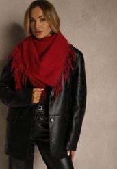 Bordowy Bawełniano-Wiskozowy Szalik w Kształcie Trójkąta z Frędzlami Vetisara. Czerwone szaliki i chusty damskie Renee, bez wzorów, z bawełny. Za 39.99 zł.