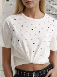 Koszulka - kremowy. Białe t-shirty damskie Sinsay, l, bez wzorów, bez kołnierzyka. W wyprzedaży za 10.99 zł.