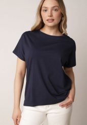 Granatowy T-shirt Bawełniany Klasyczny o Fasonie Oversize z Dłuższym Tyłem Nemedora. Niebieskie bluzki damskie Born2be, m, bez wzorów, z bawełny, eleganckie, bez kołnierzyka, bez ramiączek. Za 39.99 zł.