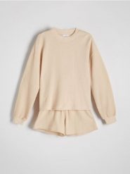 Waflowa piżama dwuczęściowa - kremowy. Białe piżamy damskie Reserved, l, bez wzorów, z bawełny, bez ramiączek. W wyprzedaży za 65.99 zł.