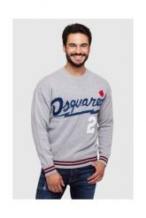 DSQUARED2 Szary sweter męski z granatowym logo. Szare swetry przez głowę męskie Dsquared2, m, z aplikacjami, z wełny, bez kołnierzyka. W wyprzedaży za 1,099.99 zł.