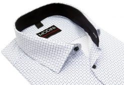 Biała elastyczna koszula męska Modini z niebieskim wzorem DD11. Białe koszule męskie Modini Moda Męska, m, bez wzorów, z bawełny, casualowe, bez kołnierzyka, bez ramiączek. W wyprzedaży za 179.10 zł.