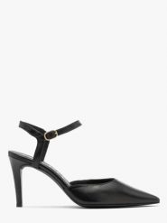 Czarne czółenka damskie z odkrytą piętą. Czarne czółenka damskie Ryłko, bez wzorów, ze skóry, bez obcasa, na szpilce, bez zapięcia. W wyprzedaży za 229.99 zł.