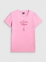 4F T-shirt regular z nadrukiem damski - różowy XL. Czerwone t-shirty damskie 4f, xl, bez wzorów, bez kołnierzyka. Za 49.99 zł.