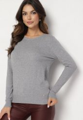 Szary Sweter w Klasycznym Stylu Irimarie. Szare swetry damskie Born2be, s, bez wzorów, z jeansu, eleganckie, bez kołnierzyka, bez ramiączek, bez kaptura. Za 39.99 zł.