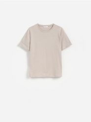 Bawełniany t-shirt - złamana biel. T-shirty damskie Reserved, l, bez wzorów, z bawełny, bez kołnierzyka. Za 49.99 zł.