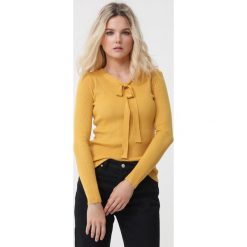 Żółty Sweter Anahi. Żółte swetry damskie Born2be, l, bez wzorów, prążkowane, bez kołnierzyka, bez ramiączek, długie, bez kaptura. Za 69.99 zł.