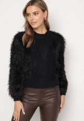 Czarny Sweter z Wełną o Wzorzystym Splocie z Ozdobną Fakturą Mirilena. Czarne swetry damskie Born2be, bez wzorów, z wełny, eleganckie, bez kołnierzyka, bez ramiączek, bez kaptura. Za 64.99 zł.