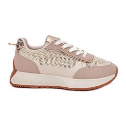 Buty Sportowe Damskie Z Siateczką Na Platformie Beżowe beżowy. Brązowe obuwie sportowe damskie bez wzorów. Za 170.48 zł.