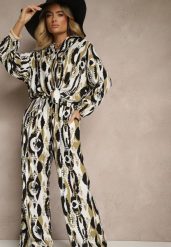 Czarno-Beżowy Komplet z Wiskozą Bluzka o Koszulowym Kroju i Szerokie Spodnie Sariliana. Czarne bluzki damskie Renee, s, bez wzorów, z materiału, eleganckie, bez kołnierzyka, bez ramiączek. Za 99.99 zł.