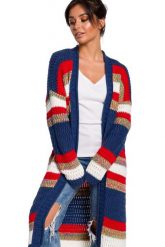 Długi sweter w kolorowe pasy kardigan narzutka z modnym splotem. Kardigany damskie Sukienki.shop, l, bez wzorów, z jeansu, eleganckie, bez kołnierzyka, bez ramiączek, długie, bez kaptura. Za 309.00 zł.