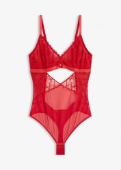 Body ze stringami, z koronki ze wzorem w serca. Czerwone body damskie bonprix, bez wzorów, z koronki. Za 79.99 zł.