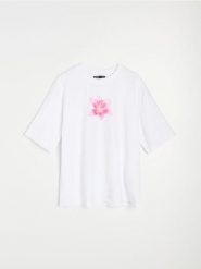 Bawełniana koszulka z motywem kwiatowym - biały. Białe t-shirty damskie Sinsay, l, bez wzorów, z bawełny, bez kołnierzyka. Za 25.99 zł.