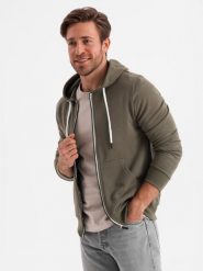 Bluza męska rozpinana z kapturem BASIC - ciemnooliwkowa V11. Zielone bluzy męskie Ombre Clothing, m, bez wzorów, z bawełny, z kapturem. W wyprzedaży za 59.99 zł.