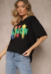 Czarny T-shirt o Kroju Oversize z Nadrukowanym Napisem Ilorella. Czarne bluzki damskie Renee, m, bez wzorów, z jeansu, eleganckie, bez kołnierzyka. Za 39.99 zł.