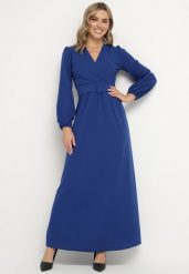 Niebieska Rozkloszowana Sukienka Ozdobiona Paskiem w Talii Felirith. Niebieskie sukienki damskie Born2be, na co dzień, l, bez wzorów, eleganckie, bez kołnierzyka, bez ramiączek, maxi, rozkloszowane. Za 159.99 zł.