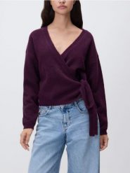 Sweter z wiązaniem - ciemnofioletowy. Fioletowe swetry damskie Reserved, l, bez wzorów, z dzianiny, bez kołnierzyka, bez ramiączek, bez kaptura. Za 139.99 zł.