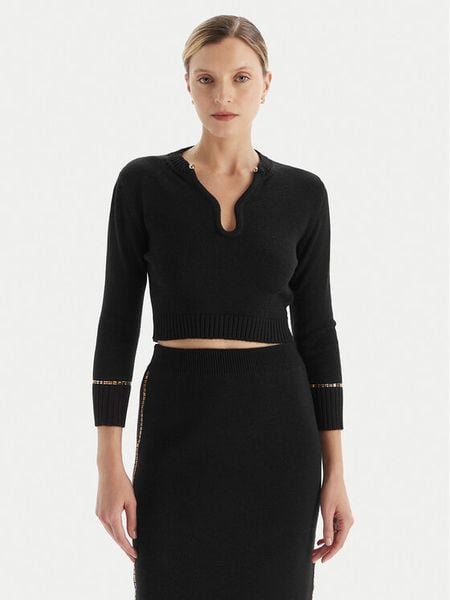 Simona Corsellini Sweter A25CPMGE0601 Czarny Slim Fit. Czarne swetry damskie SIMONA CORSELLINI, l, bez wzorów, z wiskozy, bez kołnierzyka, bez ramiączek, bez kaptura. Za 929.99 zł.