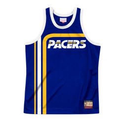 Jersey Indiana Pacers team heritage. Niebieskie koszulki sportowe męskie Mitchell & Ness, bez wzorów, z jersey, bez kołnierzyka, bez ramiączek, do koszykówki. Za 357.50 zł.