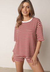 Beżowo-Czerwony Komplet Bawełniany z Dzianiny Szorty i T-shirt o Luźnym Kroju w Paski Proseltte. Brązowe szorty damskie Born2be, uniwersalny, bez wzorów, z bawełny, eleganckie. Za 159.99 zł.
