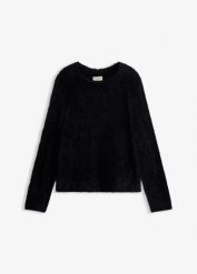 Sweter ażurowy z przędzy piórkowej. Czarne swetry damskie bonprix, w ażurowe wzory, eleganckie, bez kołnierzyka, bez ramiączek, bez kaptura. Za 109.99 zł.