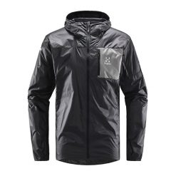 Kurtka turystyczna męska Haglöfs L.I.M Shield Hood przeciwdeszczowa. Czarne kurtki męskie Haglöfs, l, bez wzorów, z softshellu, trekkingowe. Za 379.99 zł.