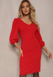 Czerwona Sukienka o Dopasowanym Kroju z Lekko Bufiastymi Rękawami Zinnashira. Czerwone sukienki damskie Renee, l, z aplikacjami, eleganckie, bez kołnierzyka, bez ramiączek, midi, dopasowane. Za 109.99 zł.