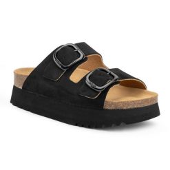Klapki damskie Scholl Lucie Suede. Czarne klapki damskie Scholl, bez wzorów, z materiału, klasyczne, bez obcasa. Za 339.99 zł.
