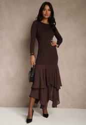 Brązowa Dopasowana Sukienka z Wiskozą Zdobiona Falbankami u Dołu Setra. Brązowe sukienki damskie Renee, na spotkanie biznesowe, m, z aplikacjami, z wiskozy, eleganckie, bez kołnierzyka, bez ramiączek, maxi, dopasowane. Za 179.99 zł.