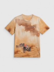 4F T-shirt regular z nadrukiem męski - beżowy L. Brązowe t-shirty męskie 4f, l, bez wzorów, z materiału, bez kołnierzyka. Za 99.99 zł.