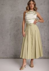 Zielona Rozkloszowana Spódnica z Kieszonkami i Paskiem z Klamrą Qualea. Zielone spódnice damskie Renee, l, bez wzorów, z bawełny, eleganckie, midi, dopasowane. Za 119.99 zł.