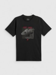 4F T-shirt regular z nadrukiem męski - czarny S. Czarne koszulki sportowe męskie 4f, m, bez wzorów, z materiału, bez kołnierzyka, bez ramiączek, na fitness i siłownię. Za 69.99 zł.