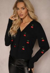 Czarny Kardigan Ozdobiony Haftem w Kształcie Wisienek Nirinia. Czarne kardigany damskie Renee, s, bez wzorów, z jeansu, eleganckie. Za 119.99 zł.