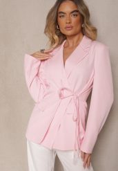 Różowa Marynarka Ozdobiona Wiązaniem z Boku Lunorisa. Czerwone żakiety damskie Renee, l, bez wzorów, eleganckie. Za 119.99 zł.