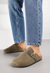 Zielone Klapki z Ozdobnym Paskiem i Klamrą Calevelis. Zielone klapki damskie Born2be, bez wzorów, z jeansu, eleganckie, bez obcasa, na obcasie. Za 69.99 zł.