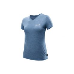 Koszulka turystyczna z krótkim rękawem TRAVEL 500 WOOL damska. Niebieskie t-shirty damskie FORCLAZ, z wełny. Za 59.99 zł.