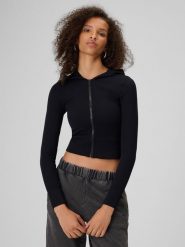 4F Bluza bezszwowa slim z kapturem damska - czarna XS/S. Czarne bluzy damskie 4f, l, bez wzorów, z kapturem. Za 169.99 zł.