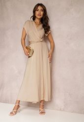 Beżowa Sukienka Kopertowa Appephone. Brązowe sukienki damskie Renee, l, bez wzorów, z tkaniny, glamour, bez kołnierzyka, bez ramiączek, maxi, dopasowane. Za 99.99 zł.