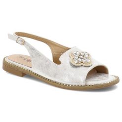 Sandały damskie S. Barski, eleganckie z ozdobą ze skóry ekologicznej i na płaskim obcasie, srebrne, KV51-080. Szare sandały damskie S.BARSKI, z aplikacjami, ze skóry ekologicznej, bez obcasa, na płaskiej podeszwie, bez zapięcia. Za 109.00 zł.